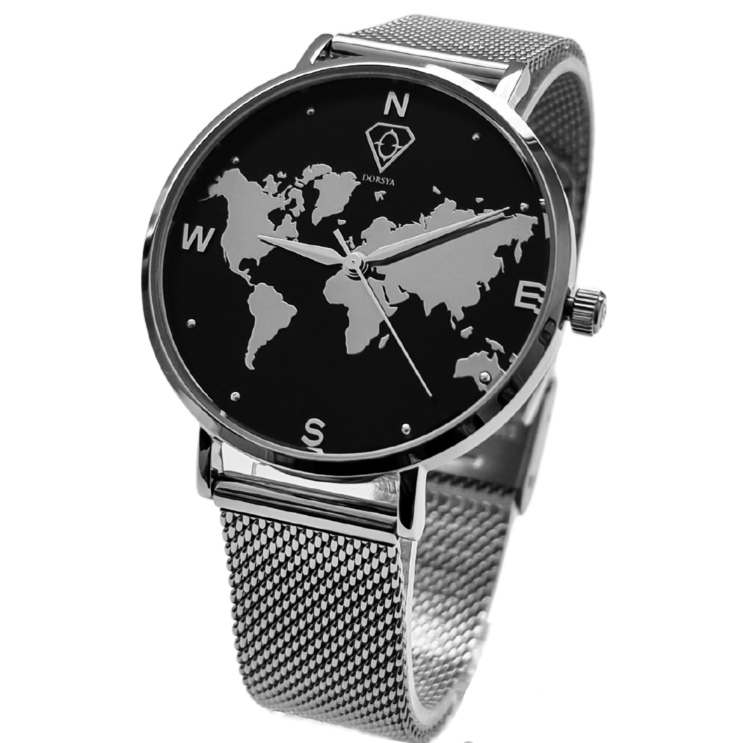 Selene silver world map watch, minimalistic watch, woman watch, Dorsya watch