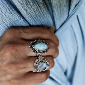 silver gemstone ring, larimar ring, moonstone ring, silver boho ring, boho jewellery, statement ring- dorsya