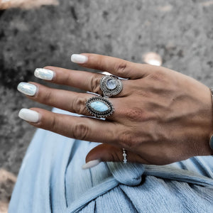 silver gemstone ring, larimar ring, moonstone ring, silver boho ring, boho jewellery, statement ring- dorsya