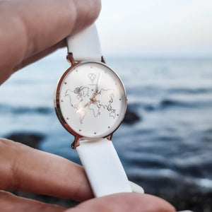 rose gold watch, white leather watch, world map watch, woman watch - dorsya