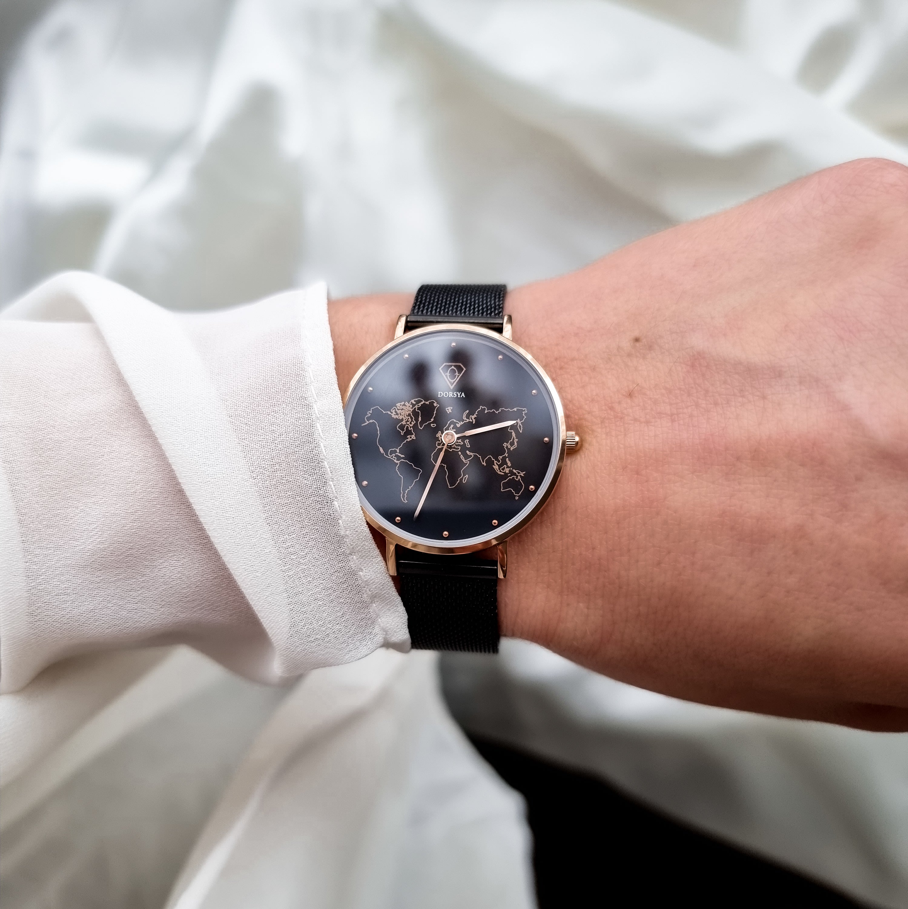 rose gold watch, black watch, world map watch, woman watch - dorsya