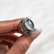 Load image into Gallery viewer, Silver rings, Handcrafted rings, Adjustable rings, Bohemian style, Gemstone rings, aqua chalcedony ring, Boho rings, Statement rings, Artisan jewellery, Handmade jewellery, Unique rings, Natural gemstones, Ethnic jewelry, Tribal rings, Festival jewelry, Spiritual jewelry, dorsya jewellery