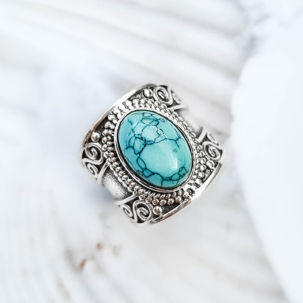 turquoise ring, silver ring, statement ring, silver boho ring - dorsya